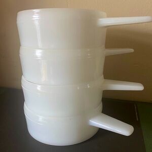 Ovenware milk-glass heavy duty dishes, soup bowls with handles. Set of 4.